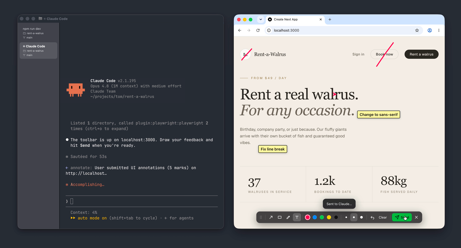 Claude Annotate — drawing toolbar over the frontend