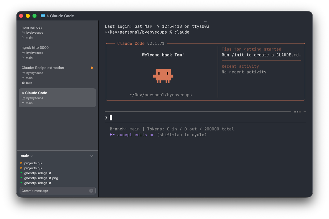 Ghostty Sidegeist — sidebar with tab cards and git panel