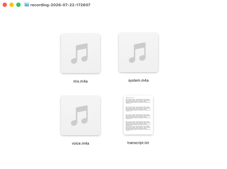 Recording folder with mix, voice, system and transcript