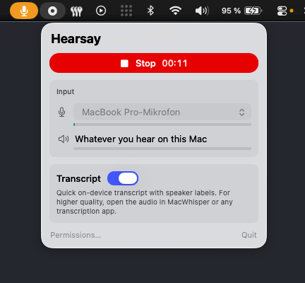 Hearsay menu bar app during a recording