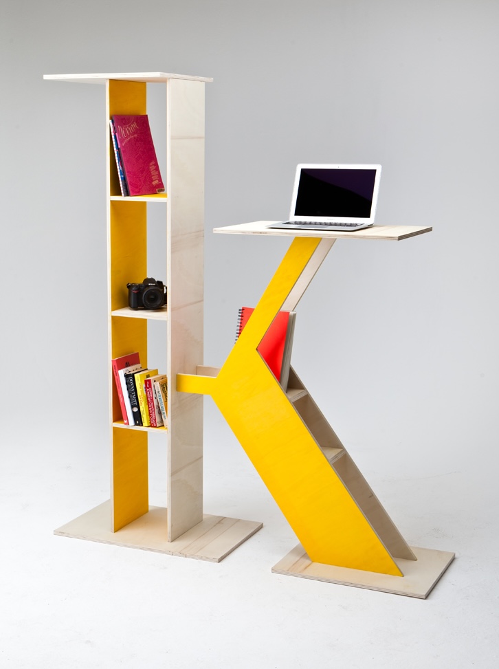 The finished K shelf in yellow and natural wood