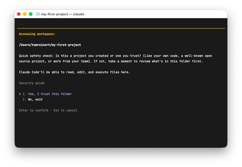 Claude asking for permission to work in the folder